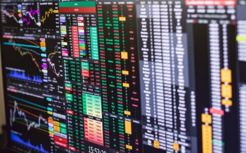 Detailed financial trading screen with colorful charts and data representing market fluctuations.