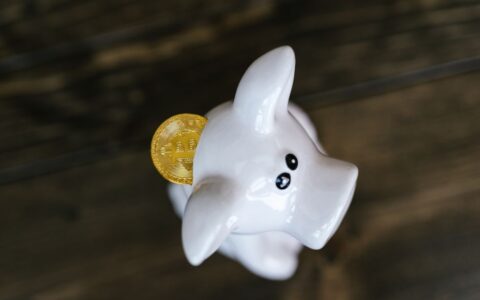 Close-up of a bitcoin coin inserted in a white piggy bank, symbolizing cryptocurrency savings.